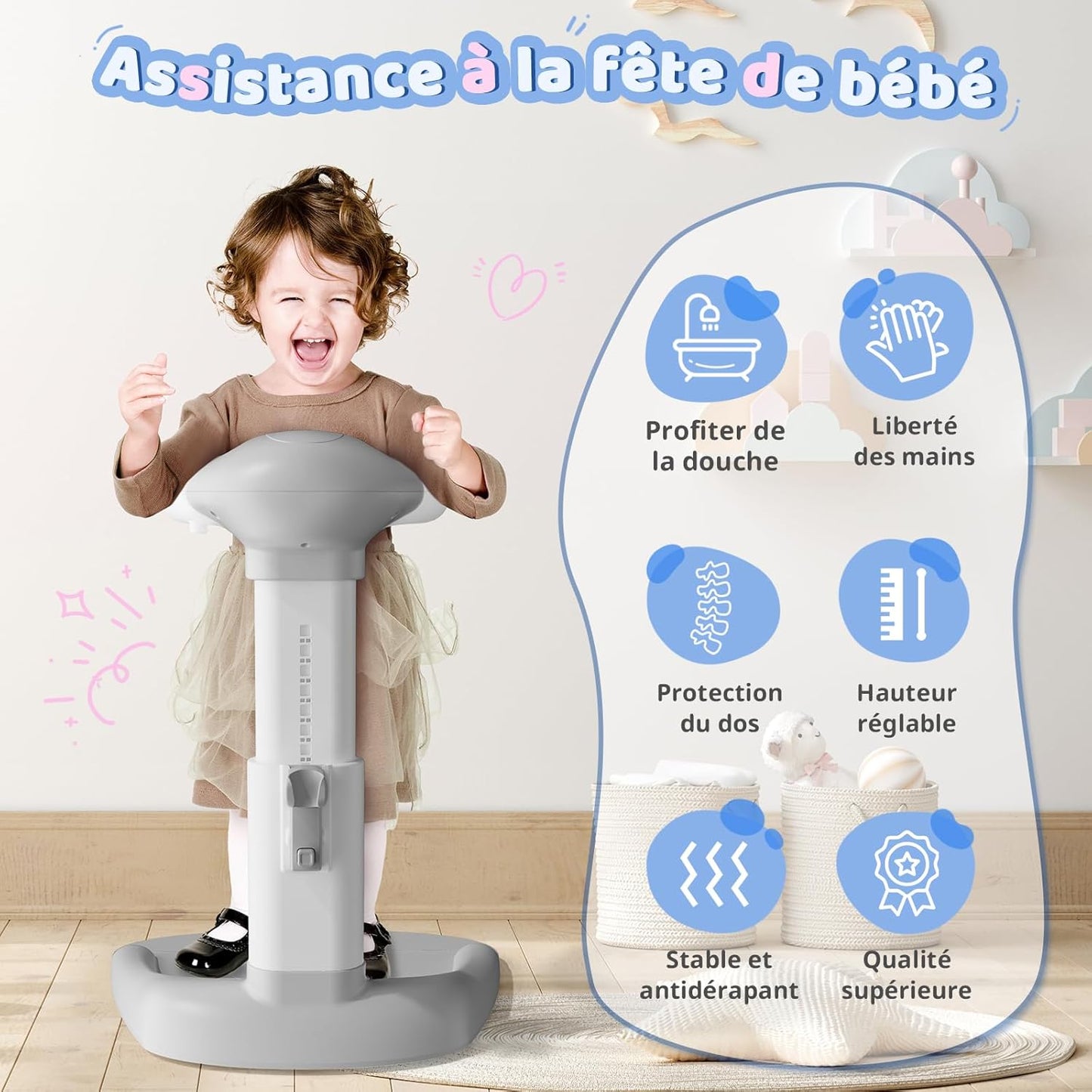 profiter de la douche, liberté des mains, protection du dos, hauteur réglable, stable antidérapant, qualité supérieure